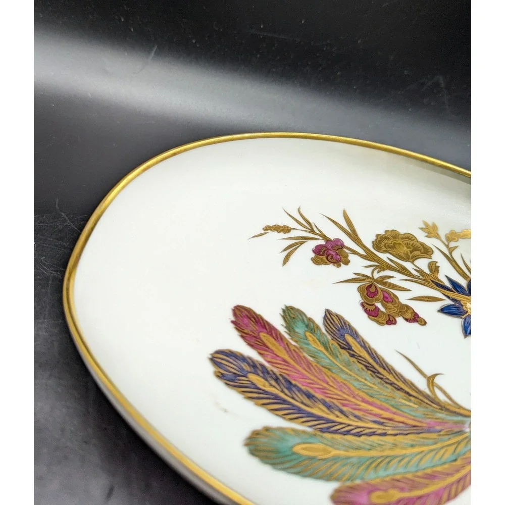 Vintage Dipinto A Mano Longo Oro Zecchino Italy Oval Dish Pheasant Bird Flower